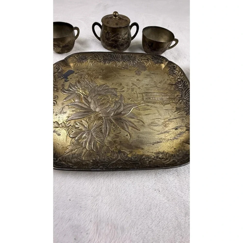 Vintage Japanese Brass Mini Tea Set Tray Teapot Cups Etched Floral Decor